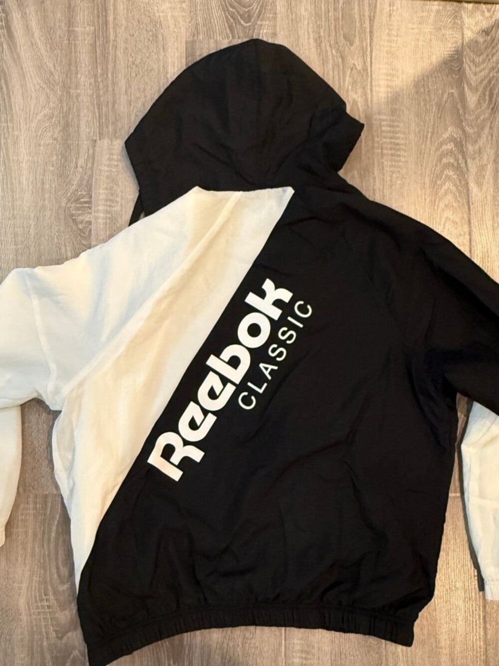 Reebok Classic Full Zip Hooded Windbreaker Jacket Black White Colorblock Mens L